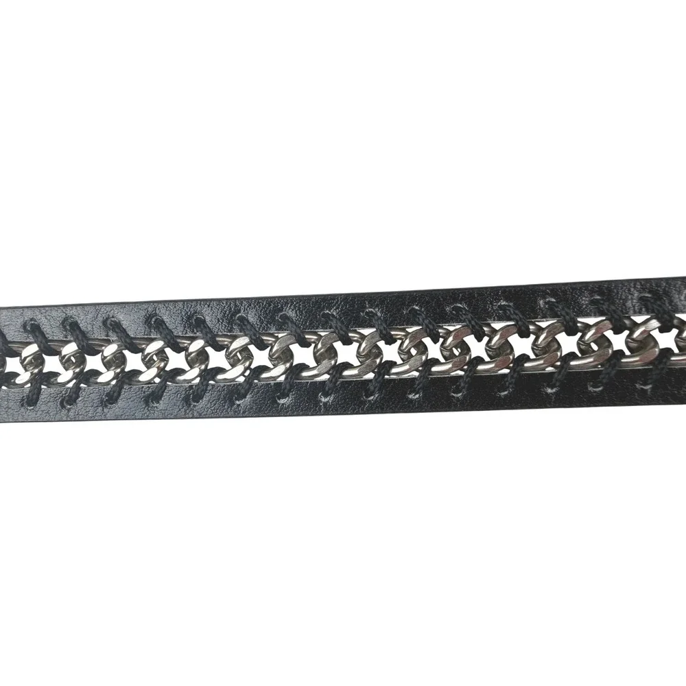 Black Faux Leather‎ Chain Link Belt Silver Buckle Edgy Punk Rock Style